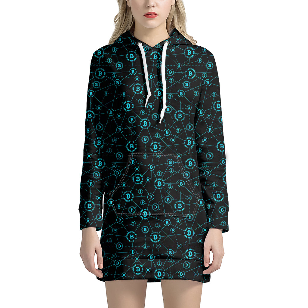 Blue Bitcoin Pattern Print Women's Pullover Hoodie Dress