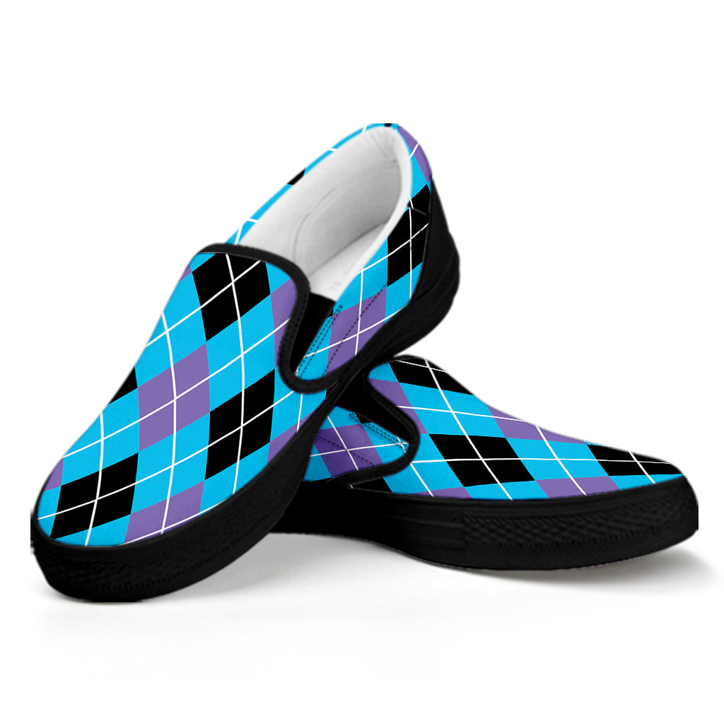 Blue Black And Purple Argyle Print Black Slip On Shoes