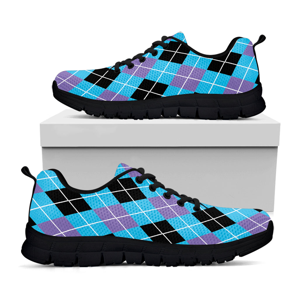 Blue Black And Purple Argyle Print Black Sneakers