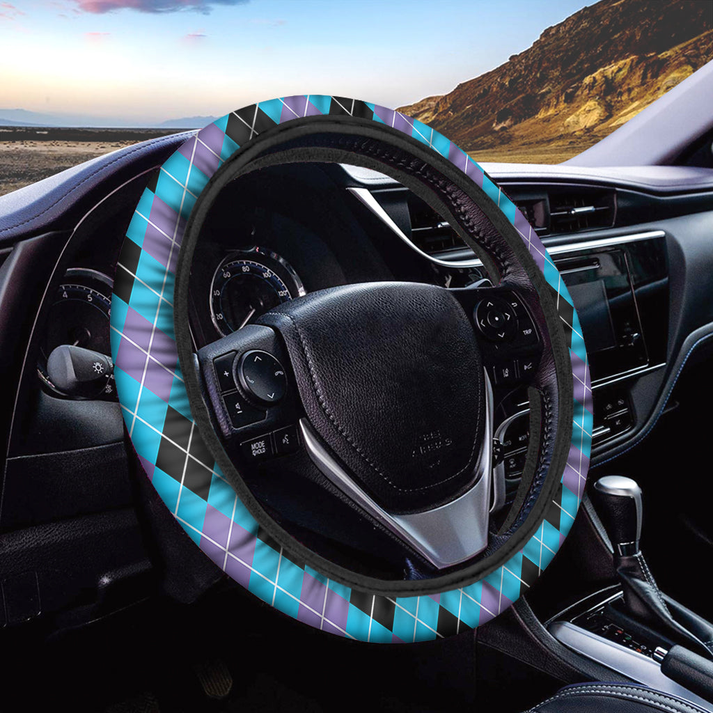 Blue Black And Purple Argyle Print Car Steering Wheel Cover