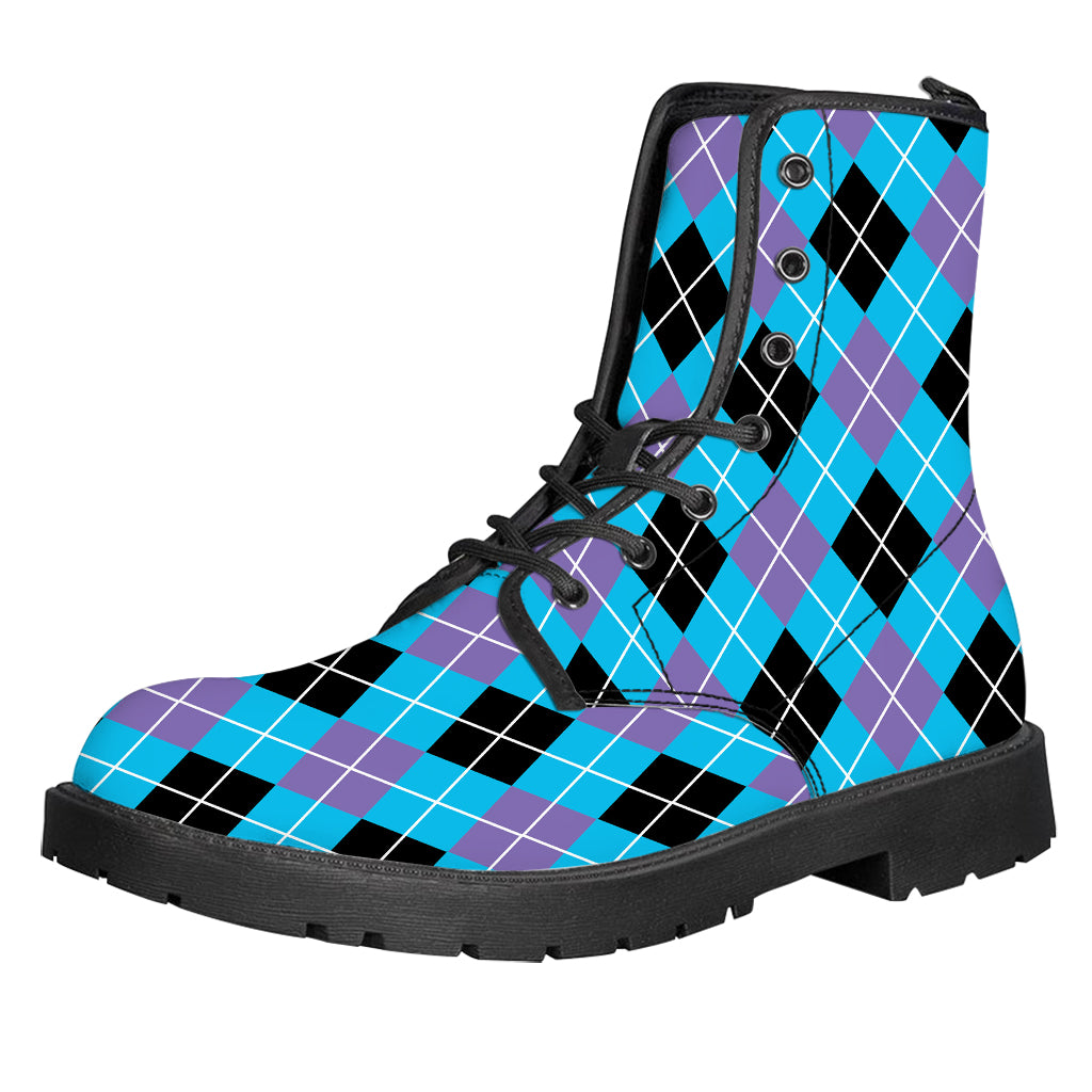 Blue Black And Purple Argyle Print Leather Boots