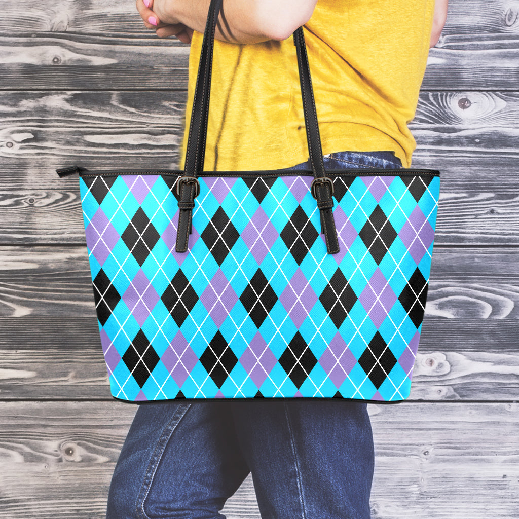 Blue Black And Purple Argyle Print Leather Tote Bag