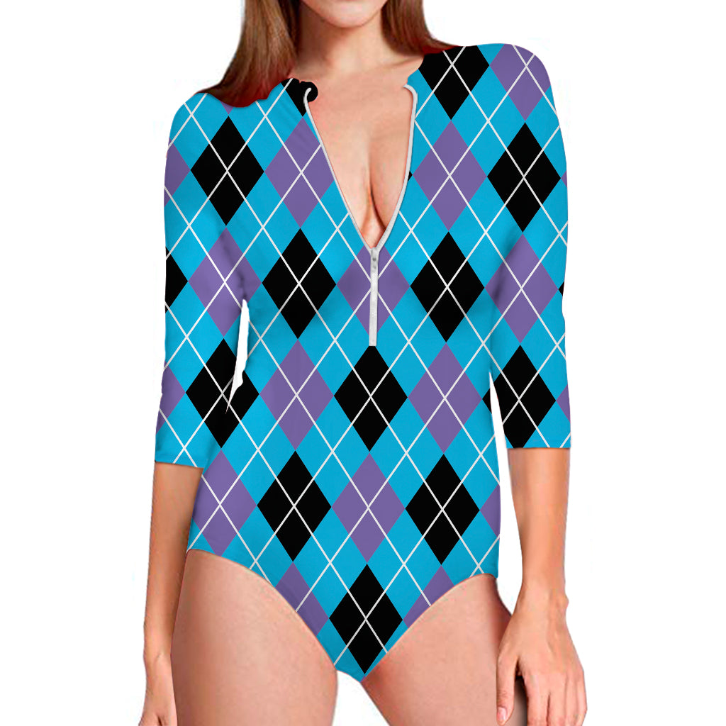 Blue Black And Purple Argyle Print Long Sleeve One Piece Swimsuit