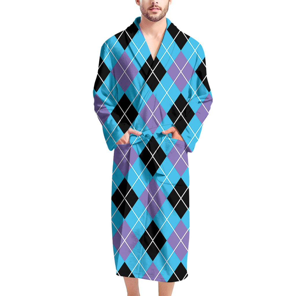 Blue Black And Purple Argyle Print Men's Bathrobe