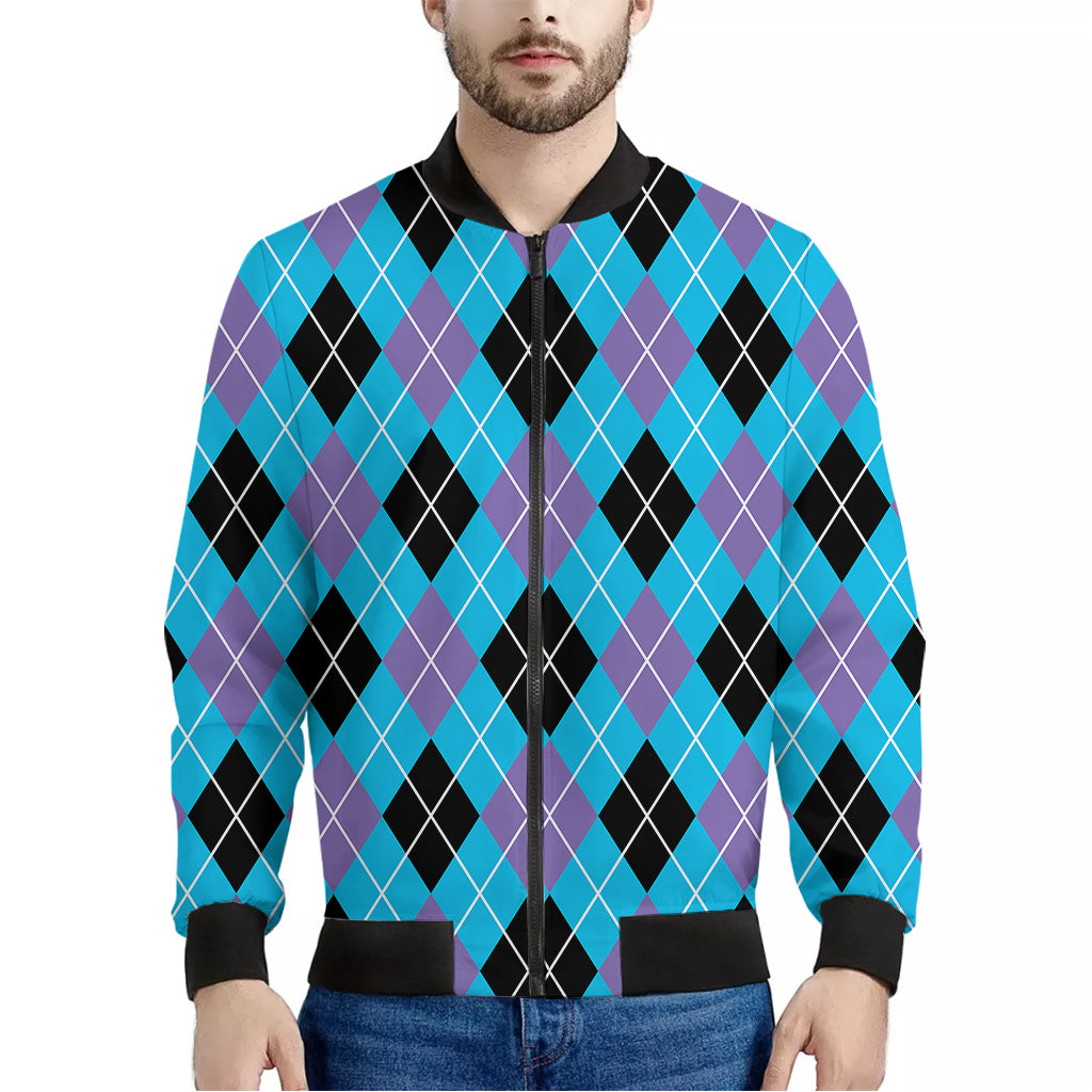 Blue Black And Purple Argyle Print Men's Bomber Jacket