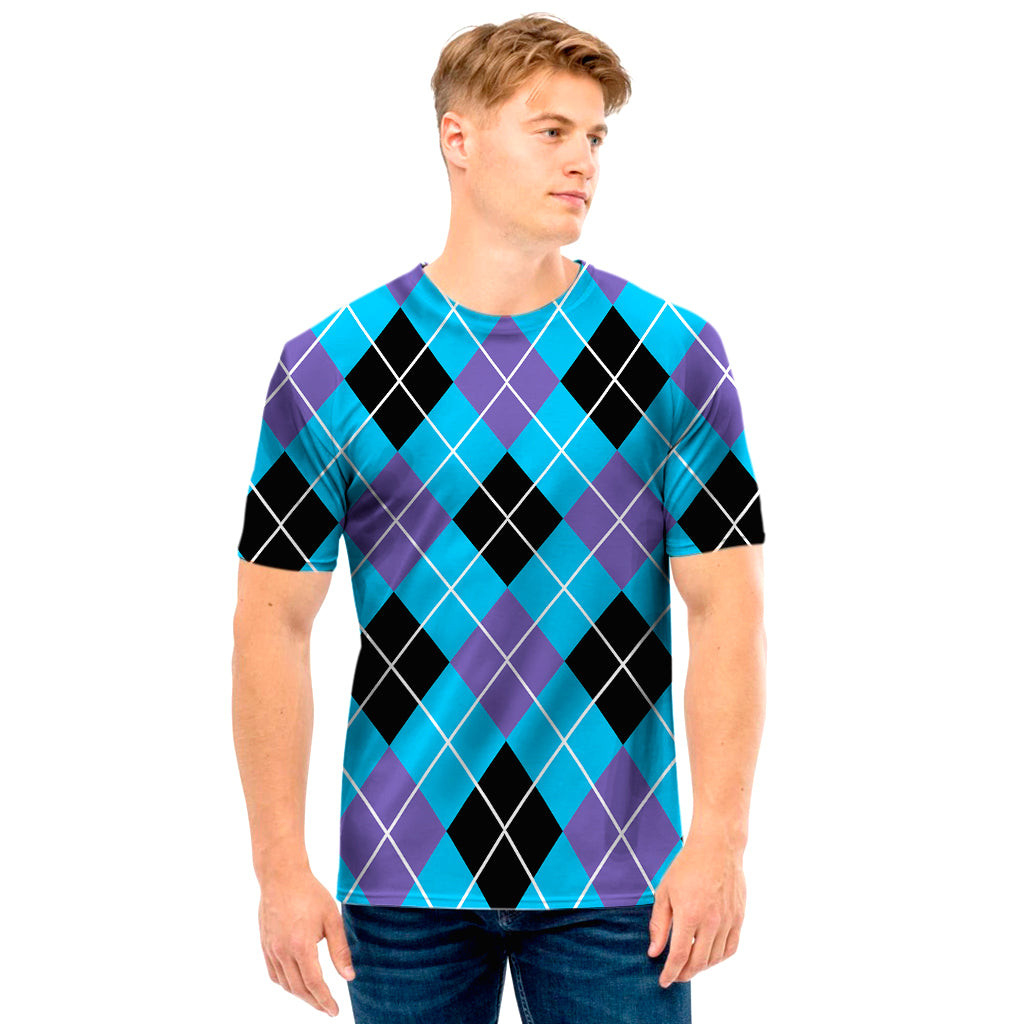 Blue Black And Purple Argyle Print Men's T-Shirt