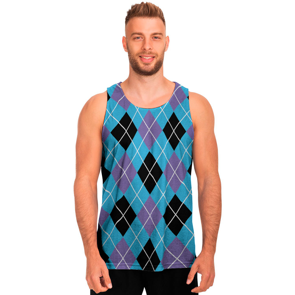 Blue Black And Purple Argyle Print Men's Tank Top