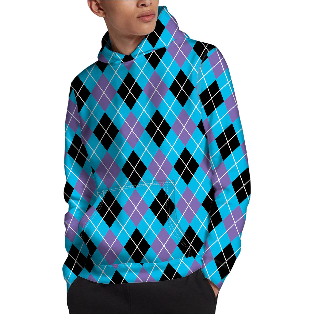 Blue Black And Purple Argyle Print Pullover Hoodie