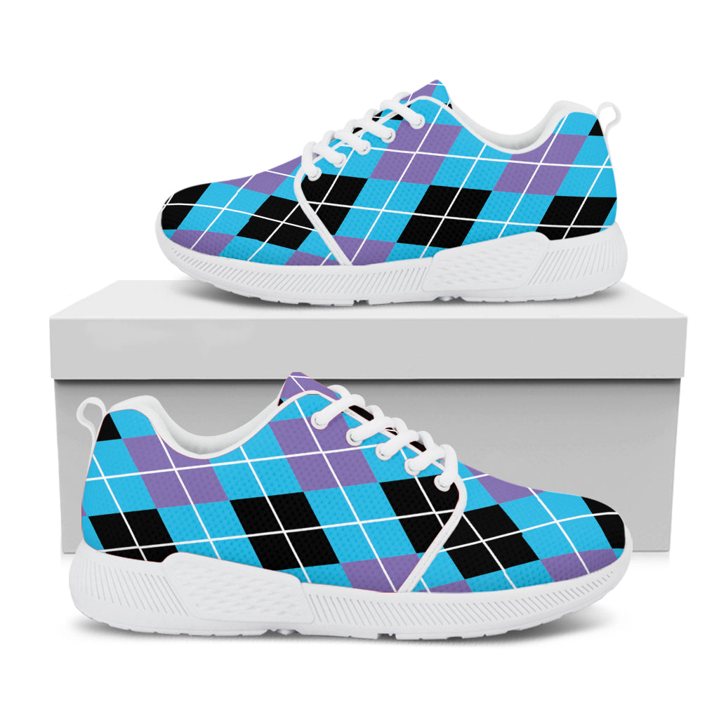 Blue Black And Purple Argyle Print White Athletic Shoes