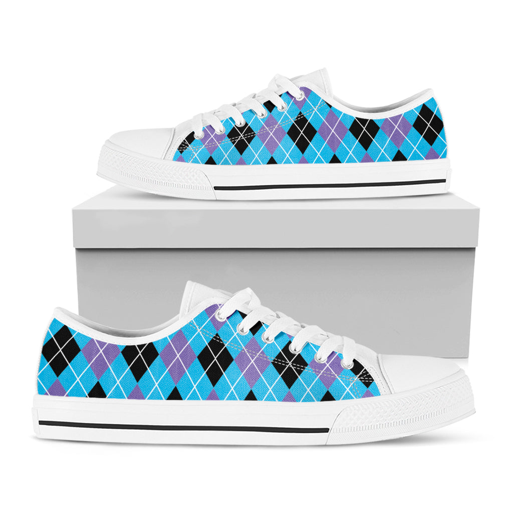 Blue Black And Purple Argyle Print White Low Top Shoes