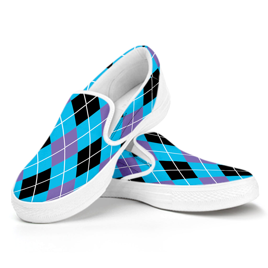 Blue Black And Purple Argyle Print White Slip On Shoes