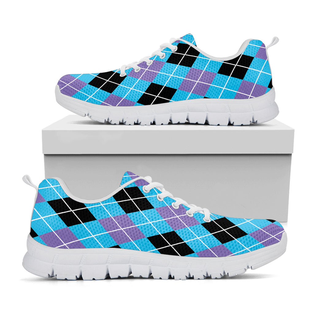 Blue Black And Purple Argyle Print White Sneakers