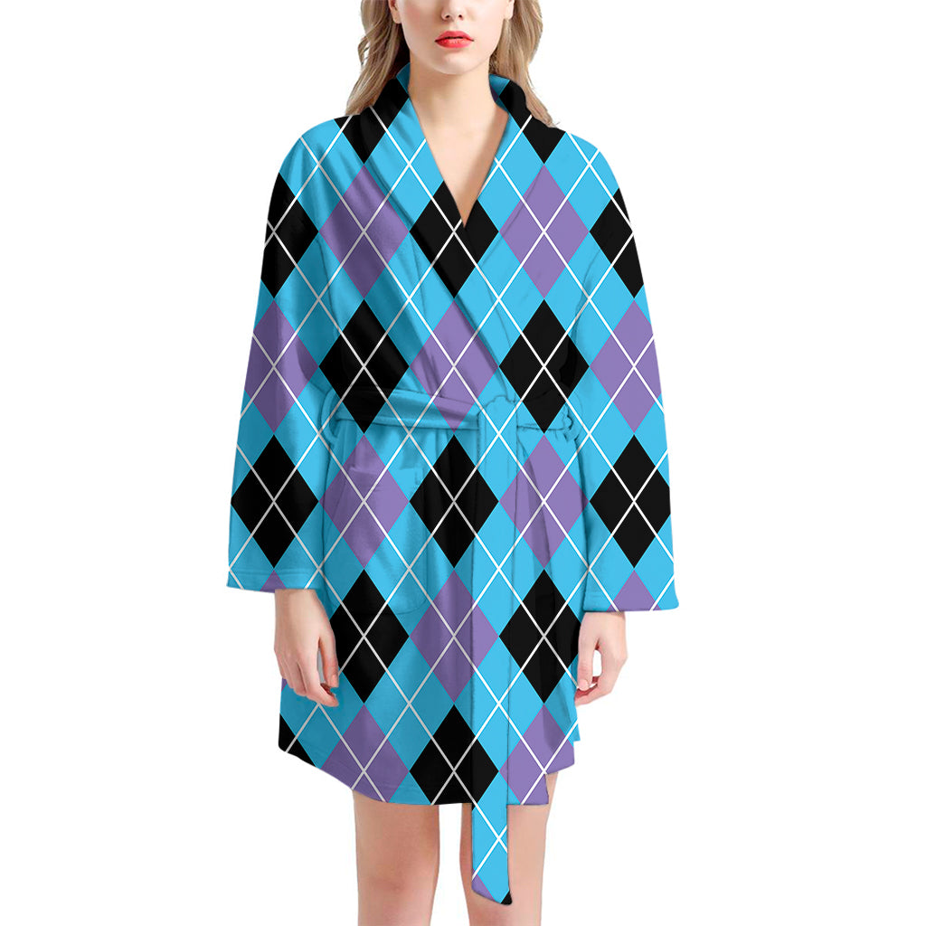 Blue Black And Purple Argyle Print Women's Bathrobe