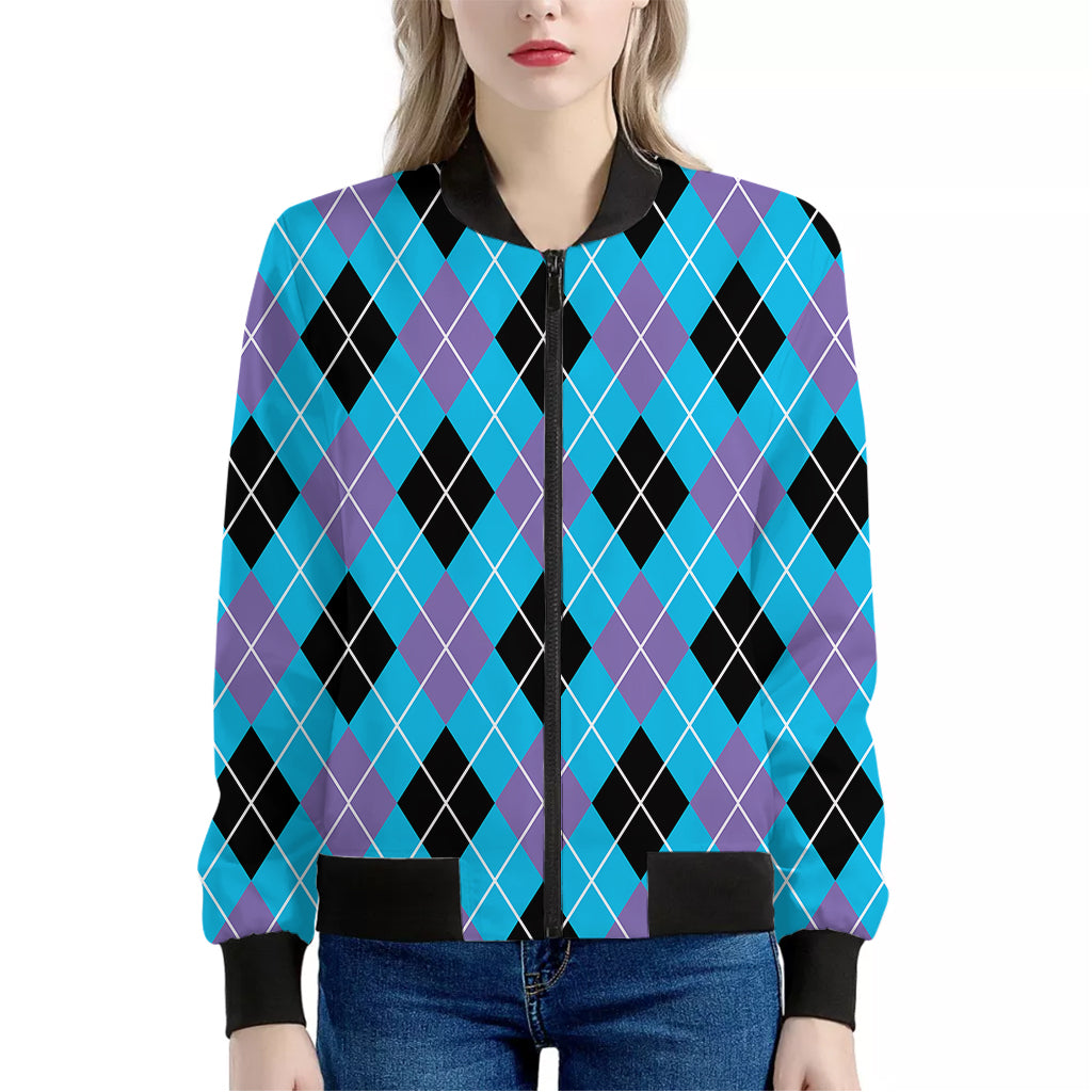 Blue Black And Purple Argyle Print Women's Bomber Jacket