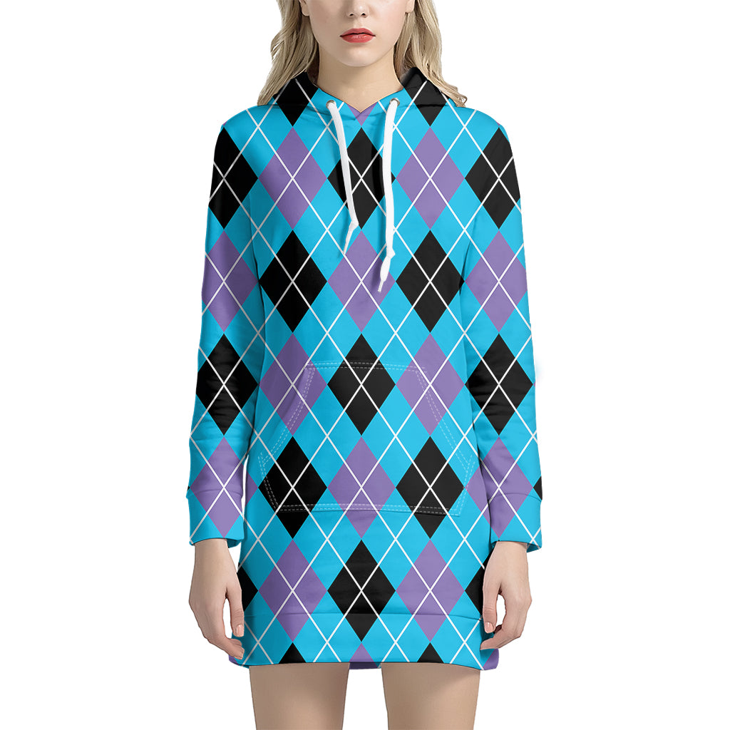 Blue Black And Purple Argyle Print Women's Pullover Hoodie Dress