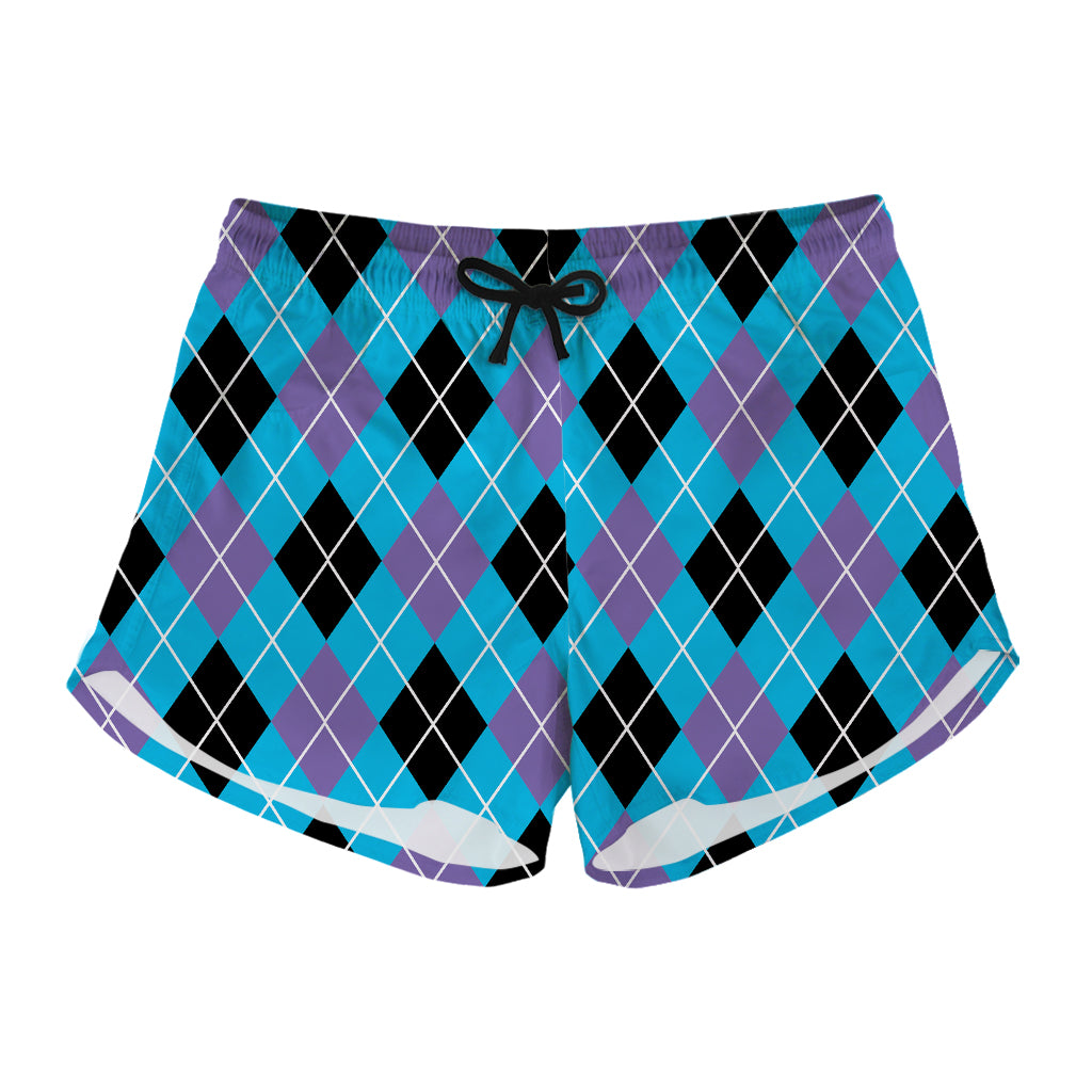 Blue Black And Purple Argyle Print Women's Shorts