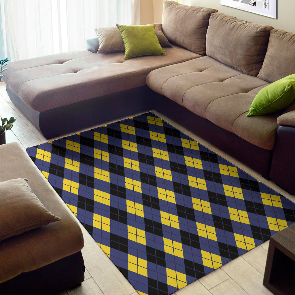 Blue Black And Yellow Argyle Print Area Rug