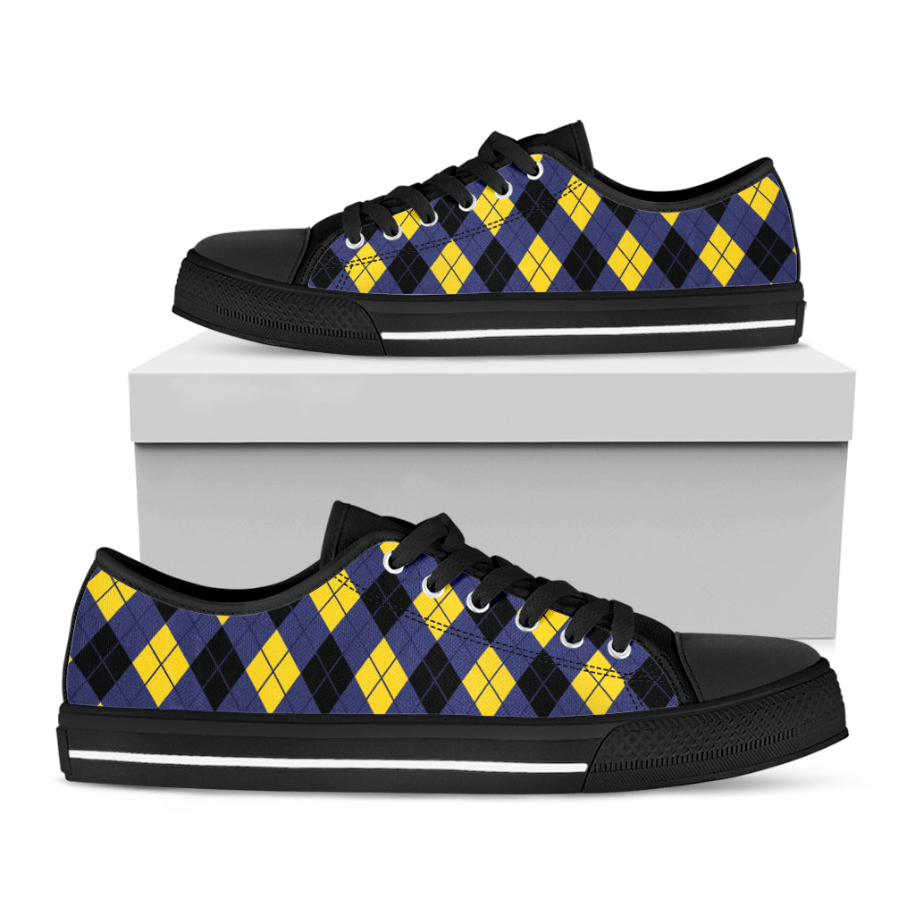 Blue Black And Yellow Argyle Print Black Low Top Shoes