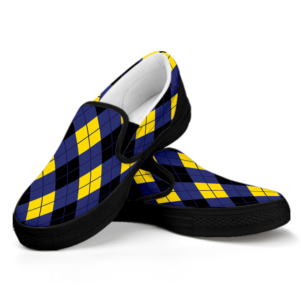 Blue Black And Yellow Argyle Print Black Slip On Shoes