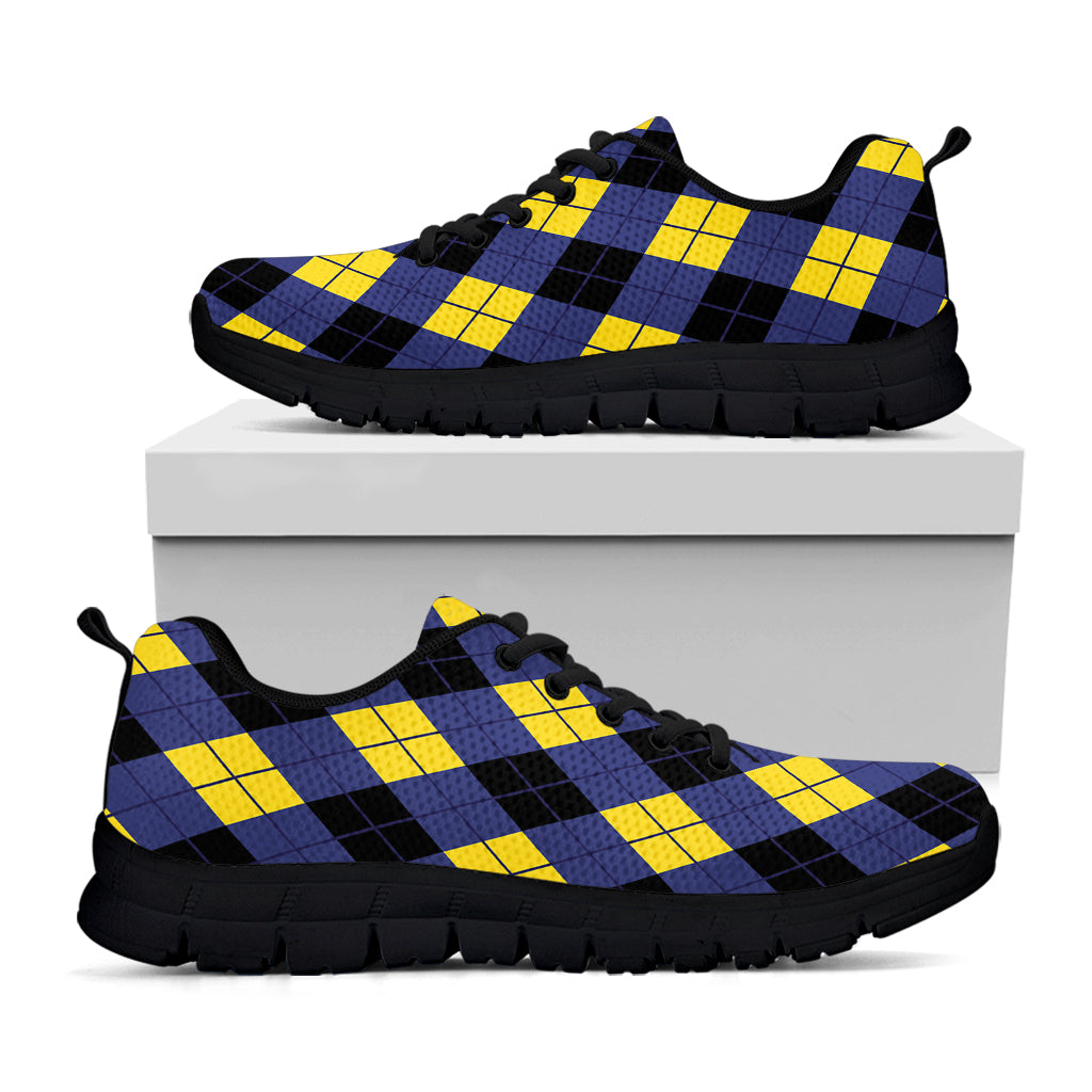 Blue Black And Yellow Argyle Print Black Sneakers