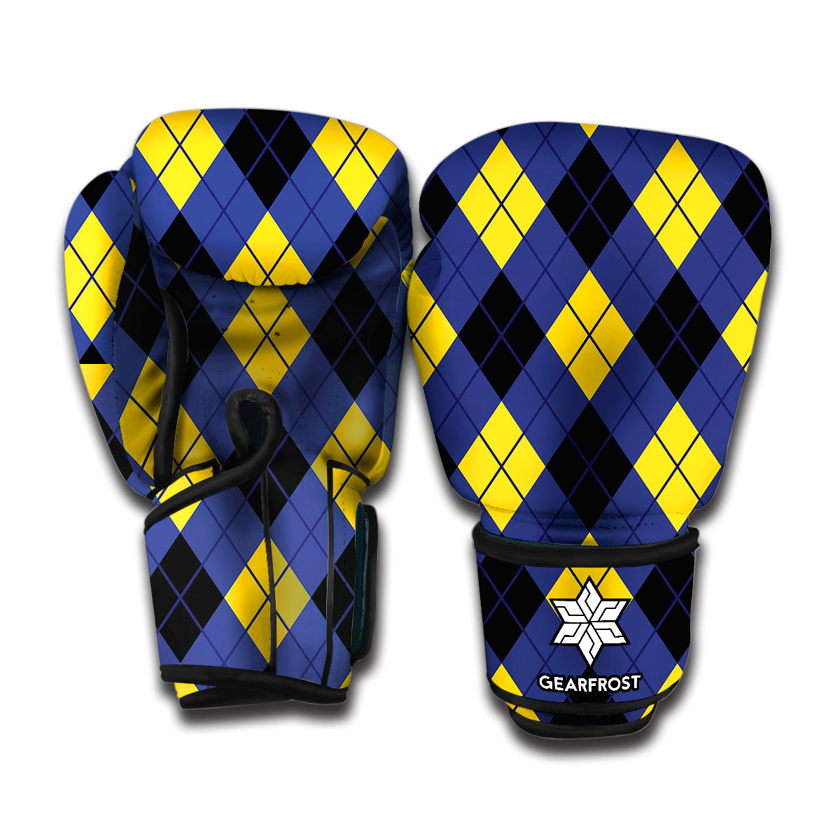 Blue Black And Yellow Argyle Print Boxing Gloves