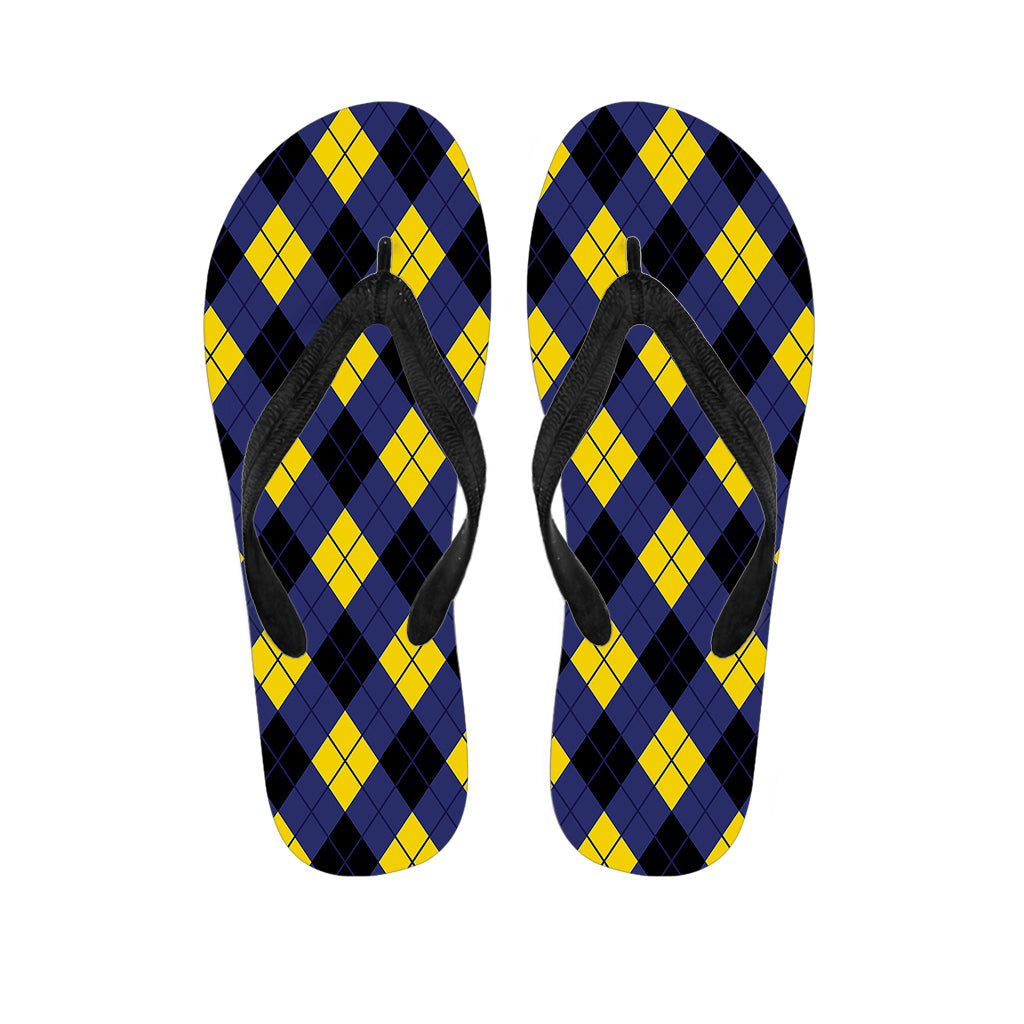 Blue Black And Yellow Argyle Print Flip Flops