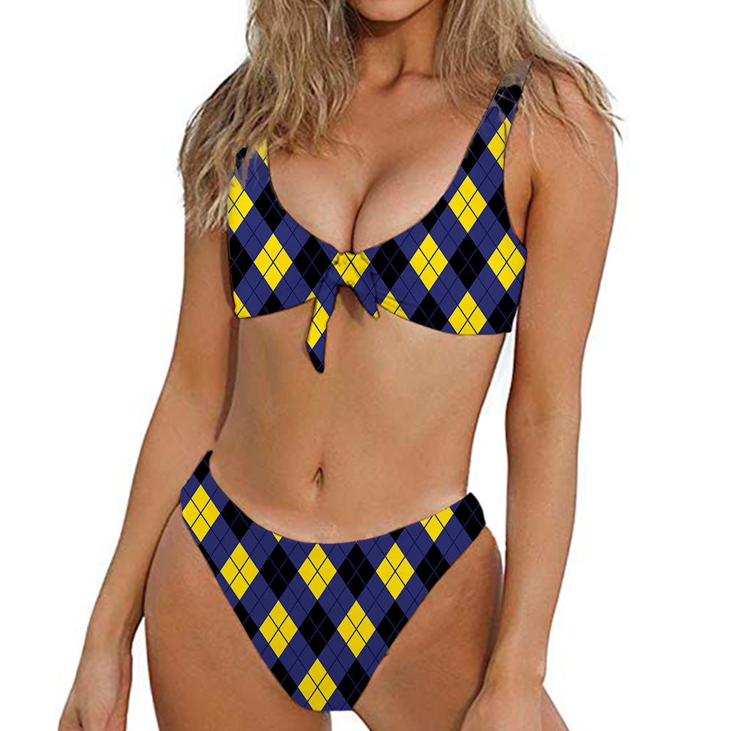 Blue Black And Yellow Argyle Print Front Bow Tie Bikini