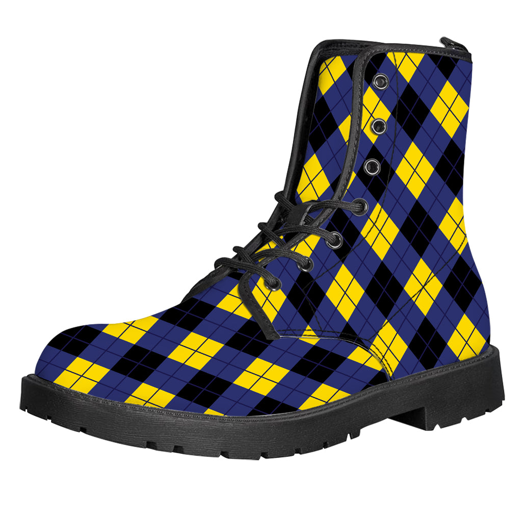 Blue Black And Yellow Argyle Print Leather Boots