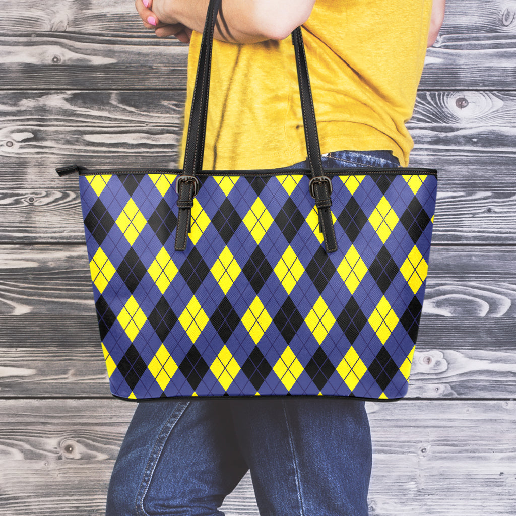 Blue Black And Yellow Argyle Print Leather Tote Bag