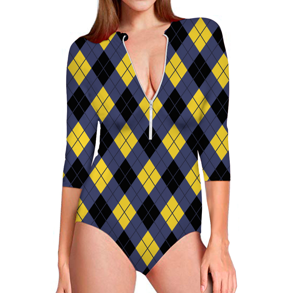 Blue Black And Yellow Argyle Print Long Sleeve One Piece Swimsuit