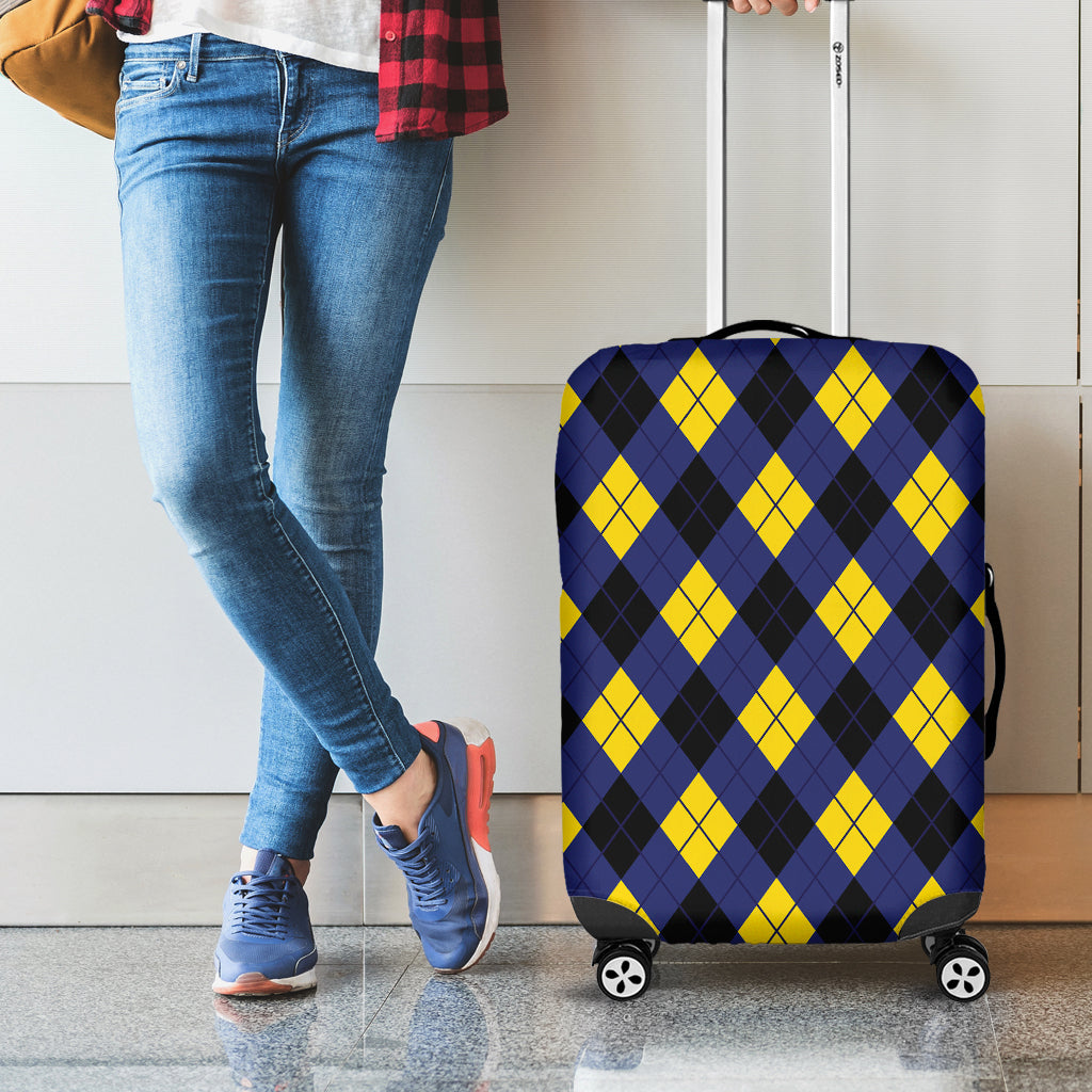 Blue Black And Yellow Argyle Print Luggage Cover