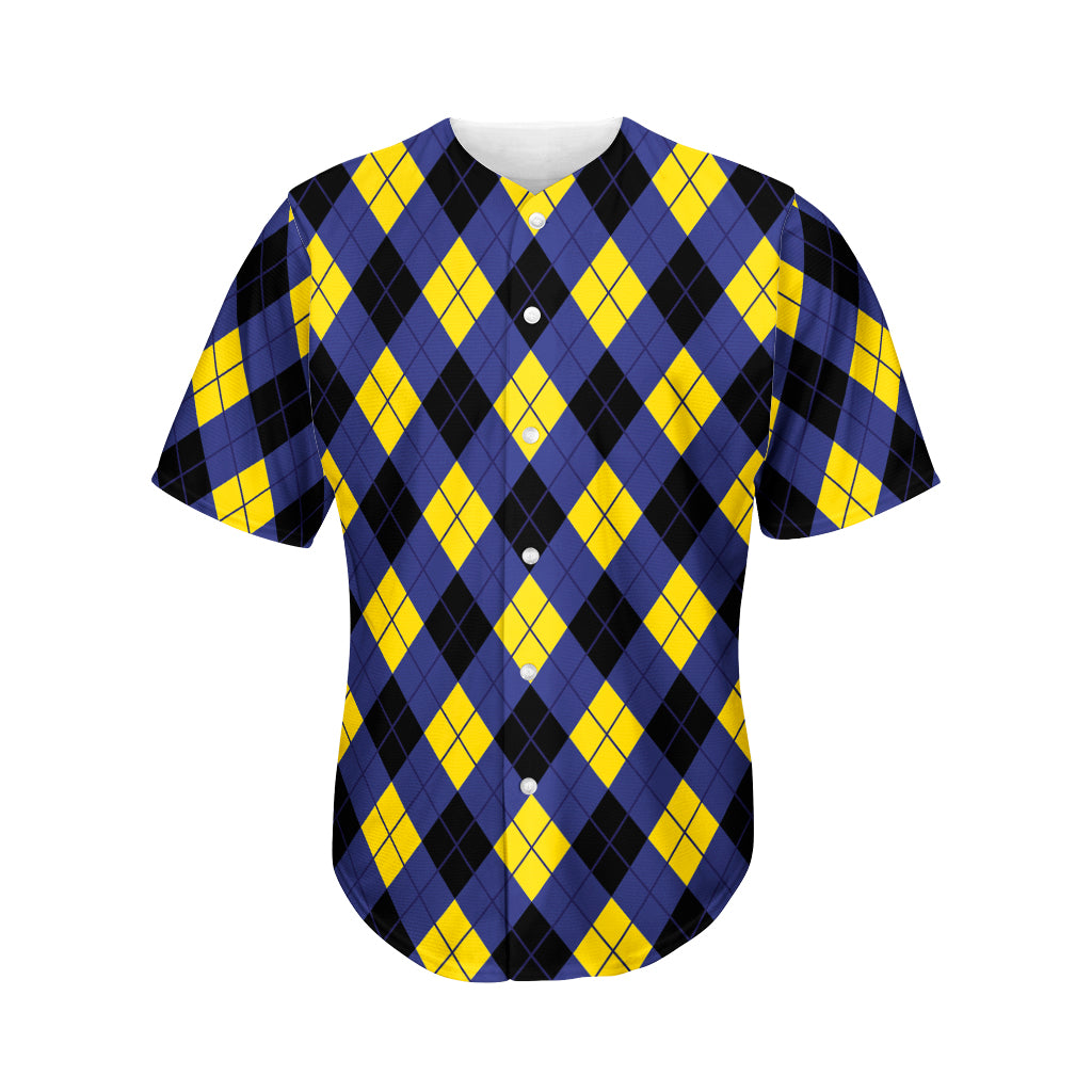 Blue Black And Yellow Argyle Print Men's Baseball Jersey