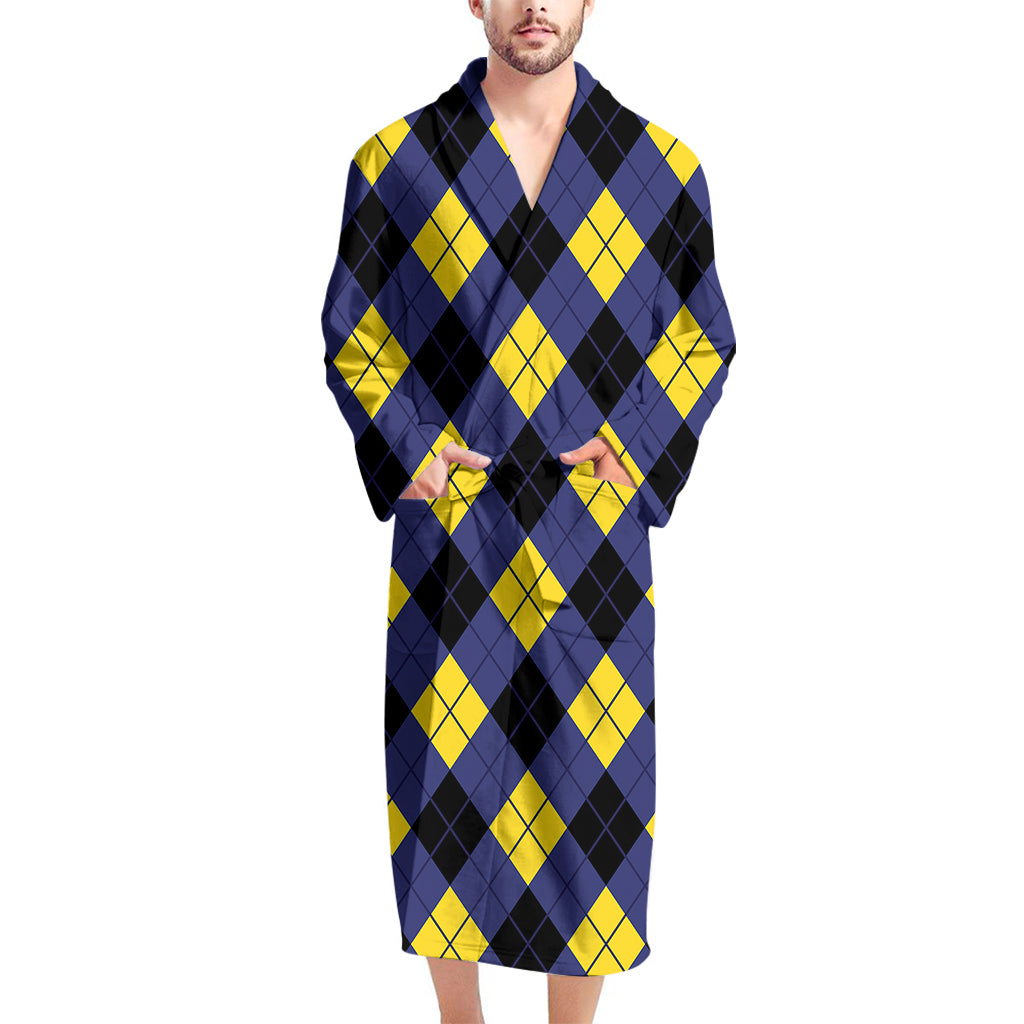 Blue Black And Yellow Argyle Print Men's Bathrobe