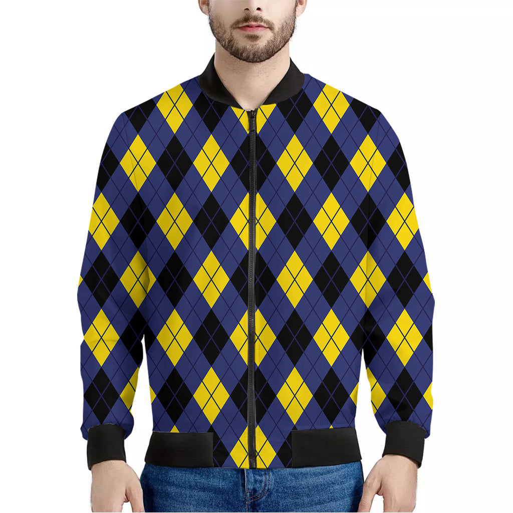 Blue Black And Yellow Argyle Print Men's Bomber Jacket