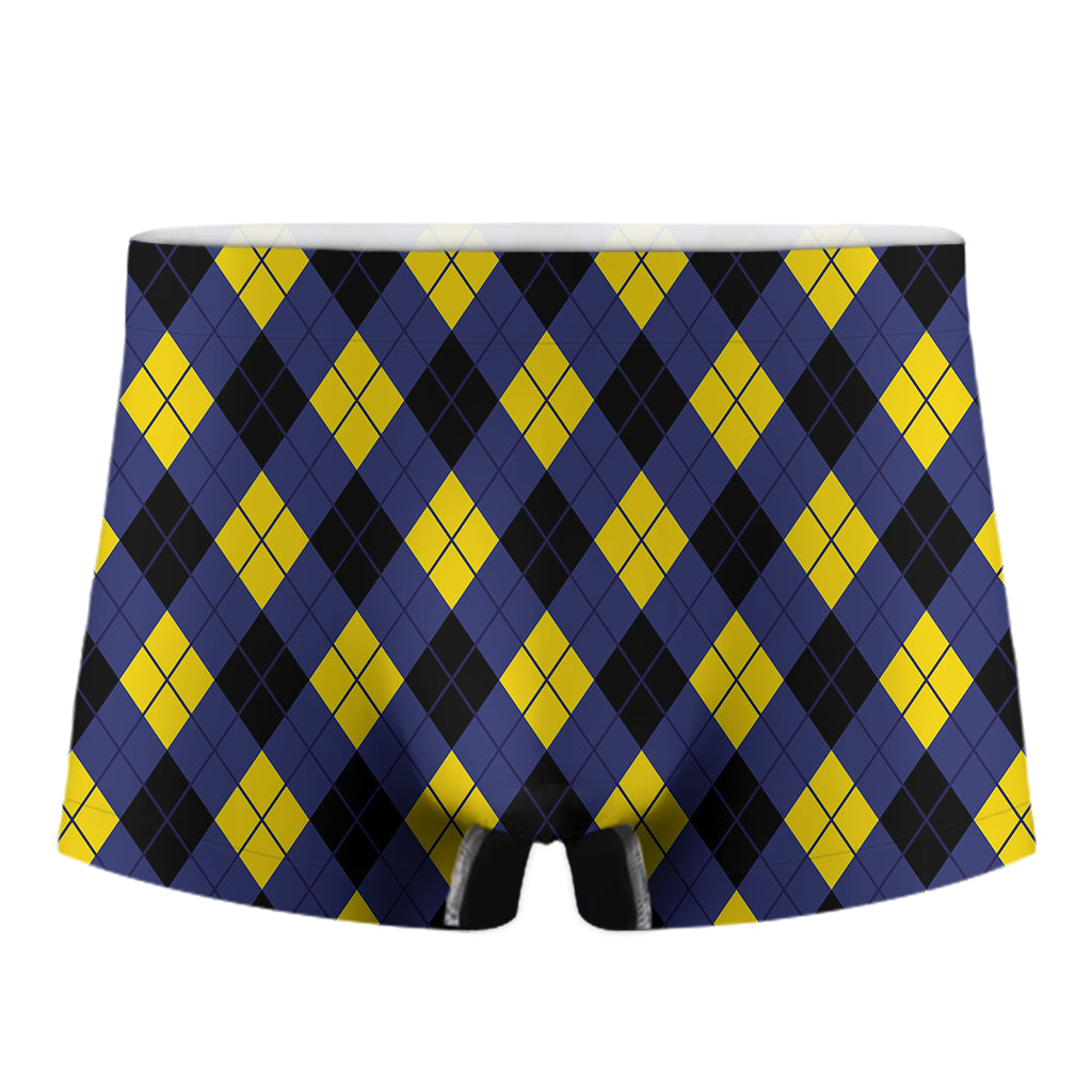 Blue Black And Yellow Argyle Print Men's Boxer Briefs