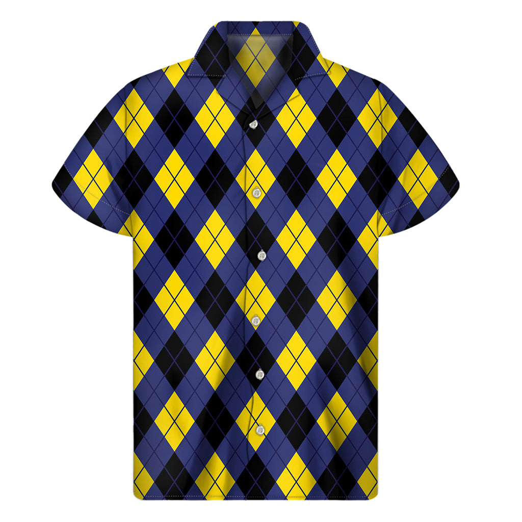 Blue Black And Yellow Argyle Print Men's Short Sleeve Shirt