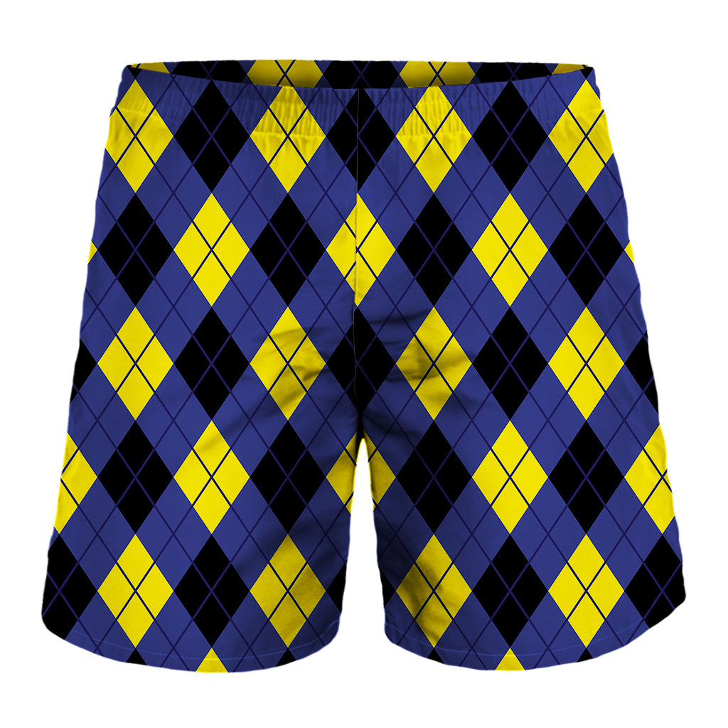 Blue Black And Yellow Argyle Print Men's Shorts