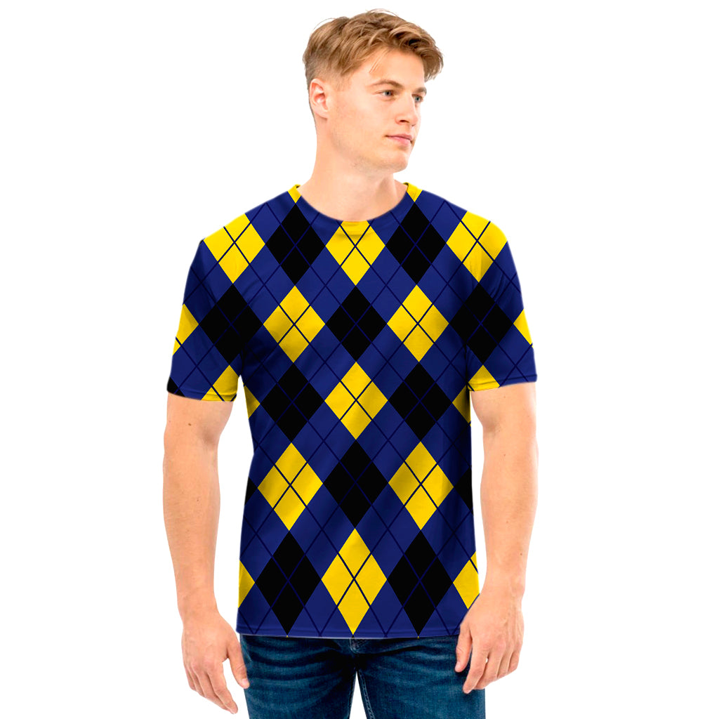 Blue Black And Yellow Argyle Print Men's T-Shirt