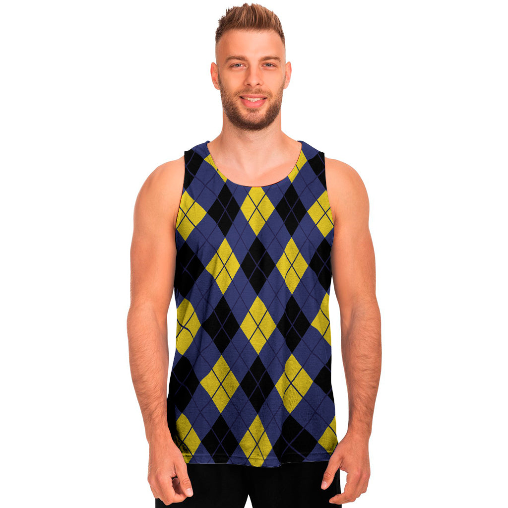 Blue Black And Yellow Argyle Print Men's Tank Top