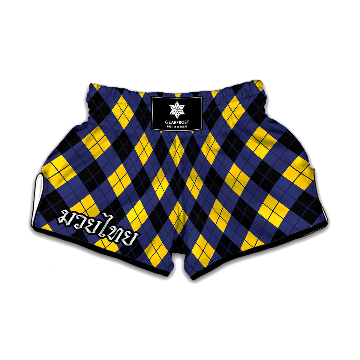 Blue Black And Yellow Argyle Print Muay Thai Boxing Shorts