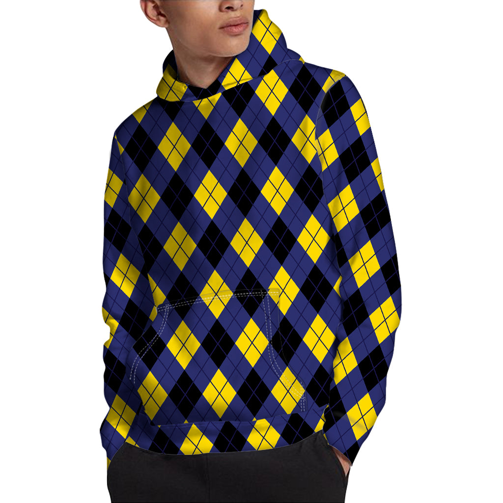 Blue Black And Yellow Argyle Print Pullover Hoodie