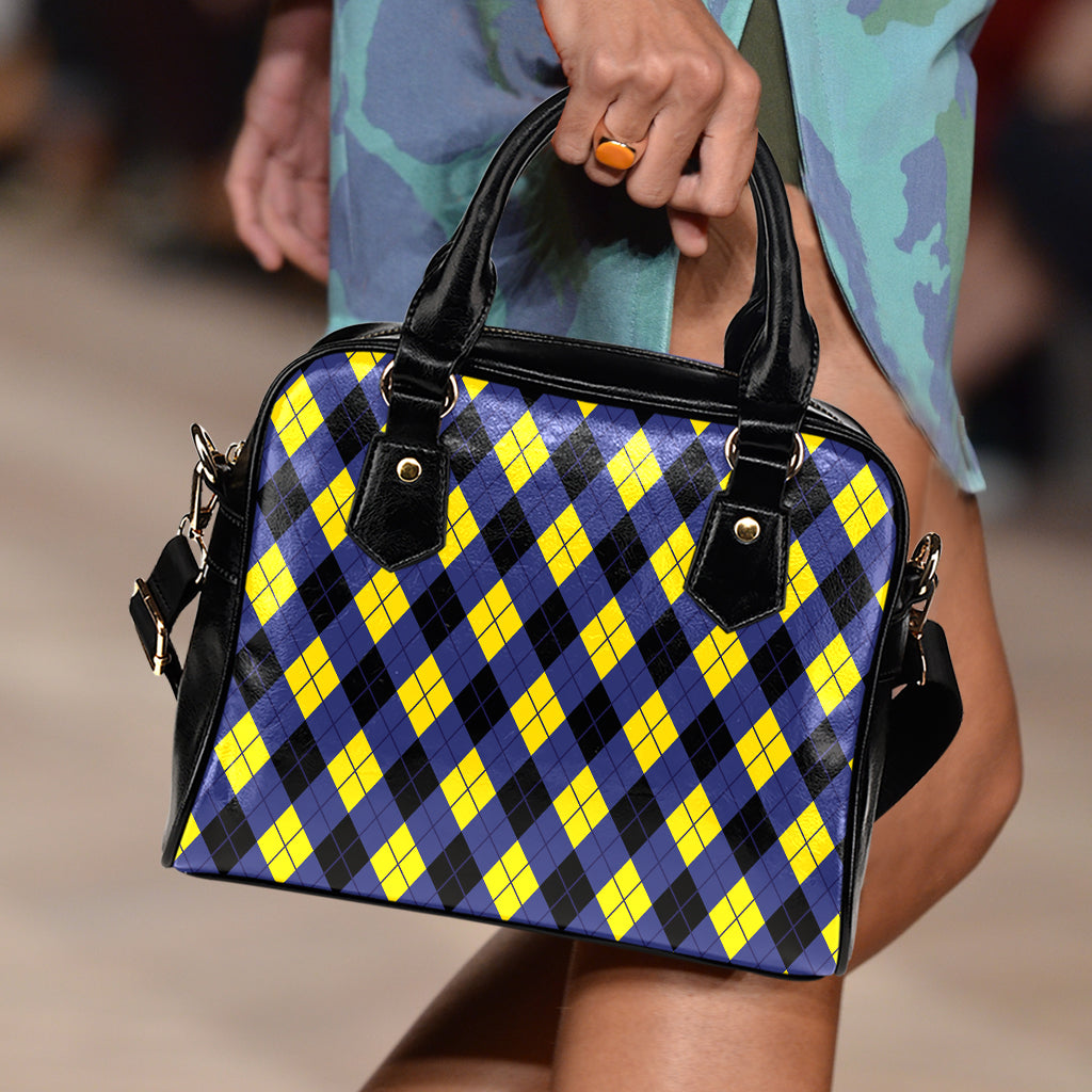 Blue Black And Yellow Argyle Print Shoulder Handbag