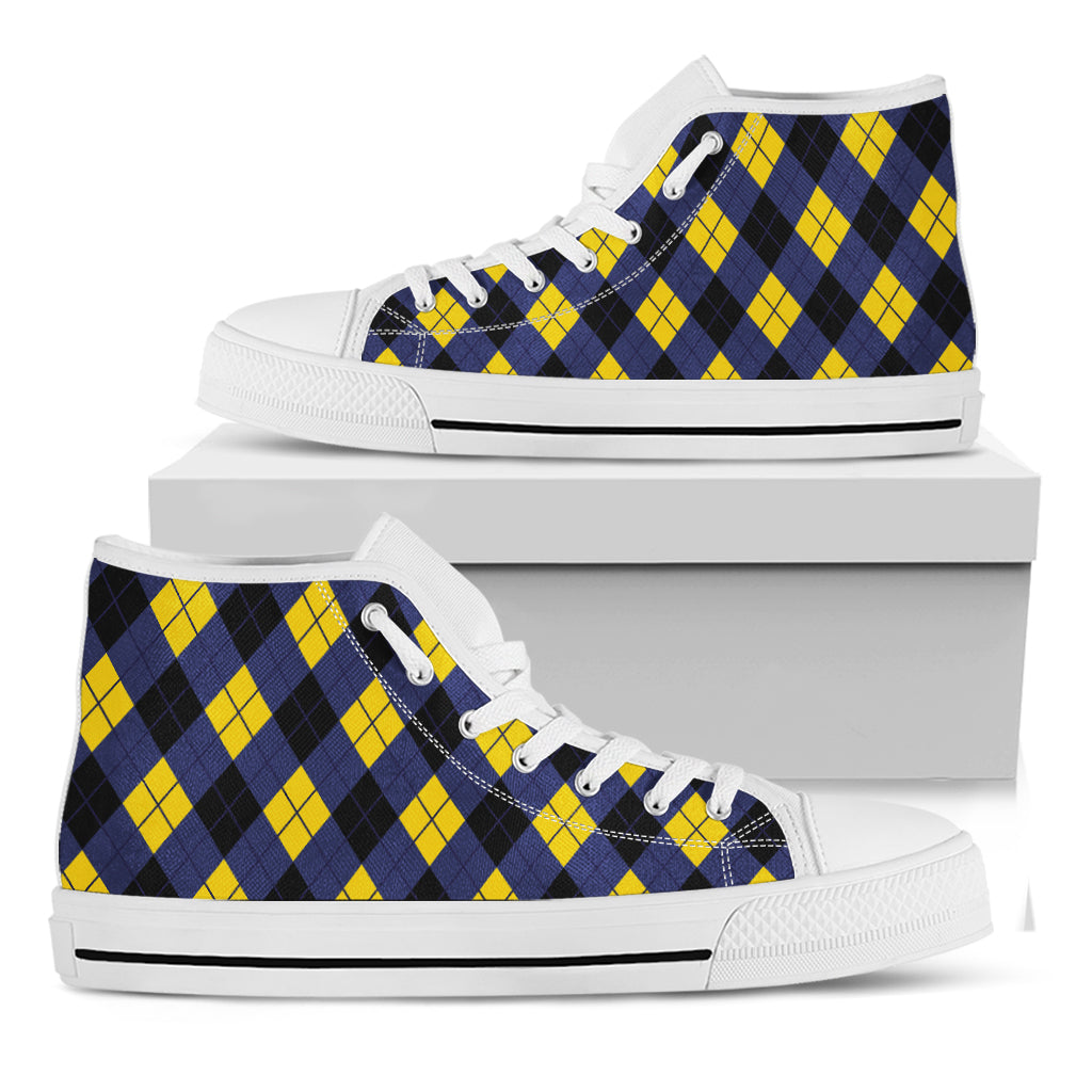 Blue Black And Yellow Argyle Print White High Top Shoes