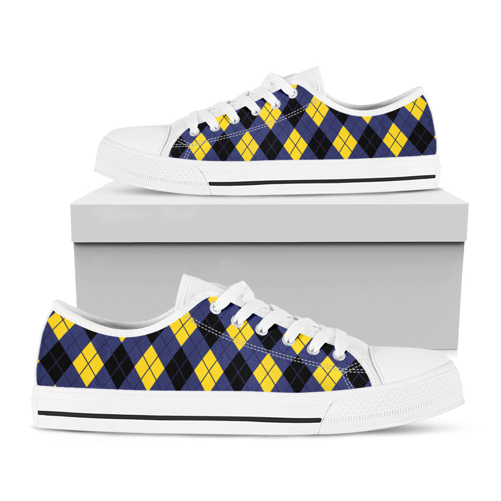 Blue Black And Yellow Argyle Print White Low Top Shoes