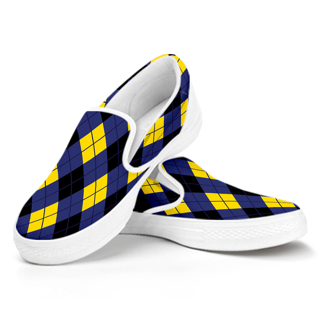 Blue Black And Yellow Argyle Print White Slip On Shoes