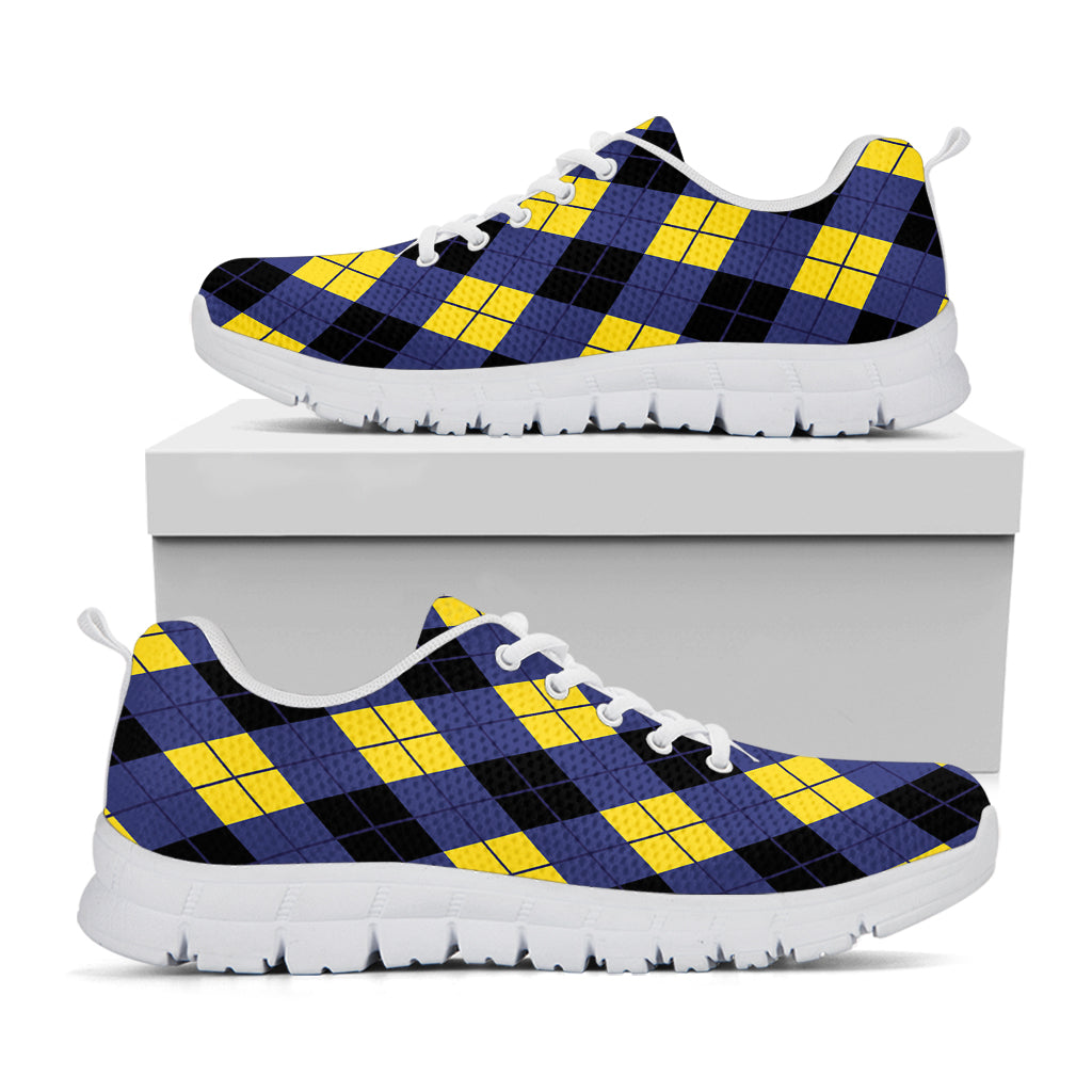 Blue Black And Yellow Argyle Print White Sneakers