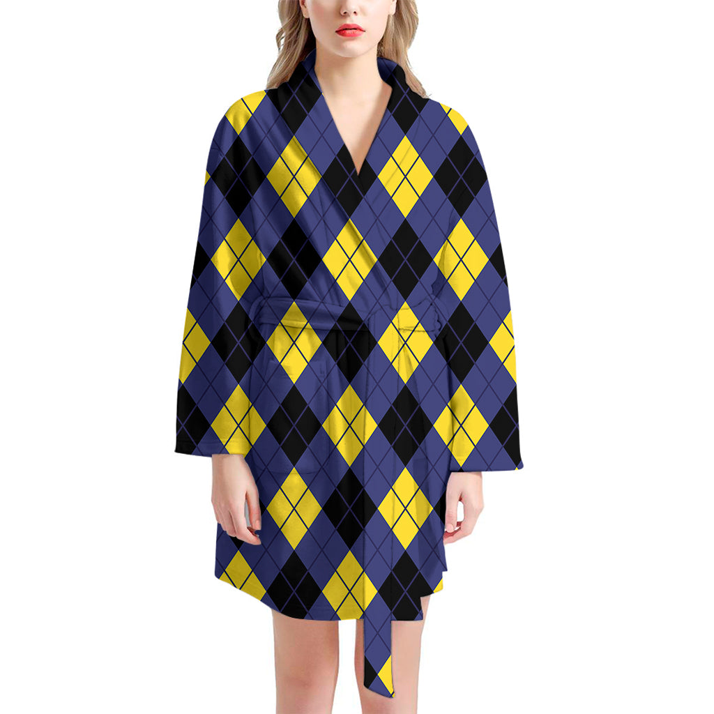 Blue Black And Yellow Argyle Print Women's Bathrobe