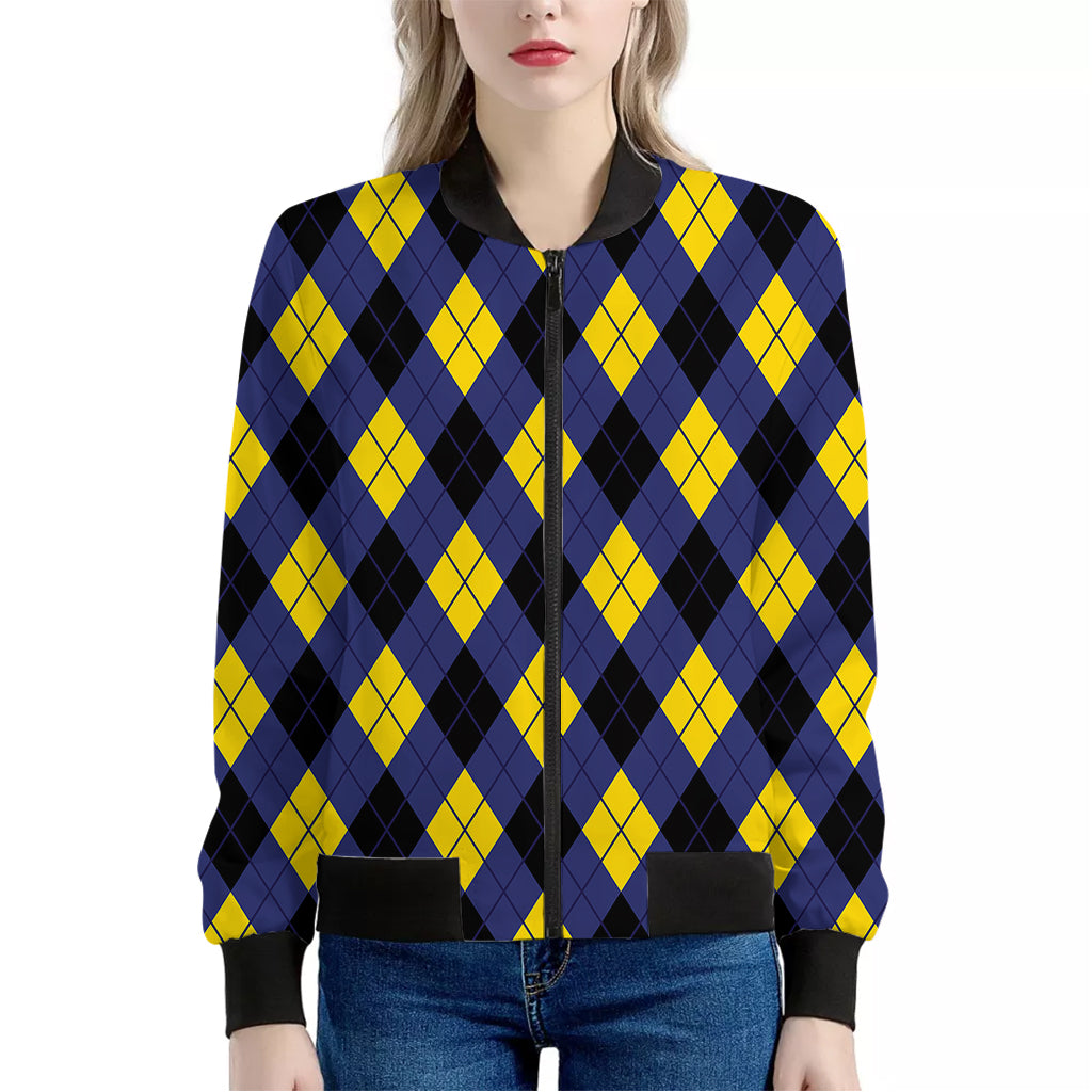 Blue Black And Yellow Argyle Print Women's Bomber Jacket