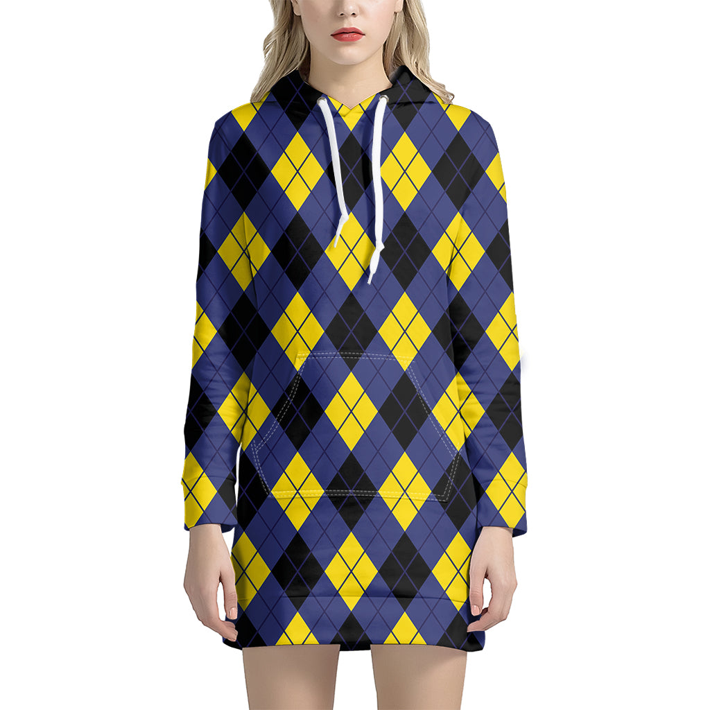 Blue Black And Yellow Argyle Print Women's Pullover Hoodie Dress