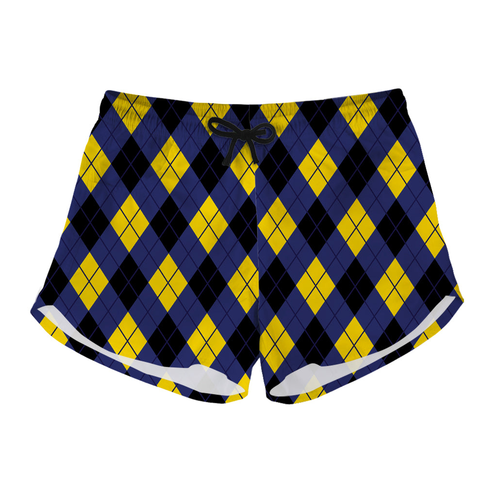 Blue Black And Yellow Argyle Print Women's Shorts